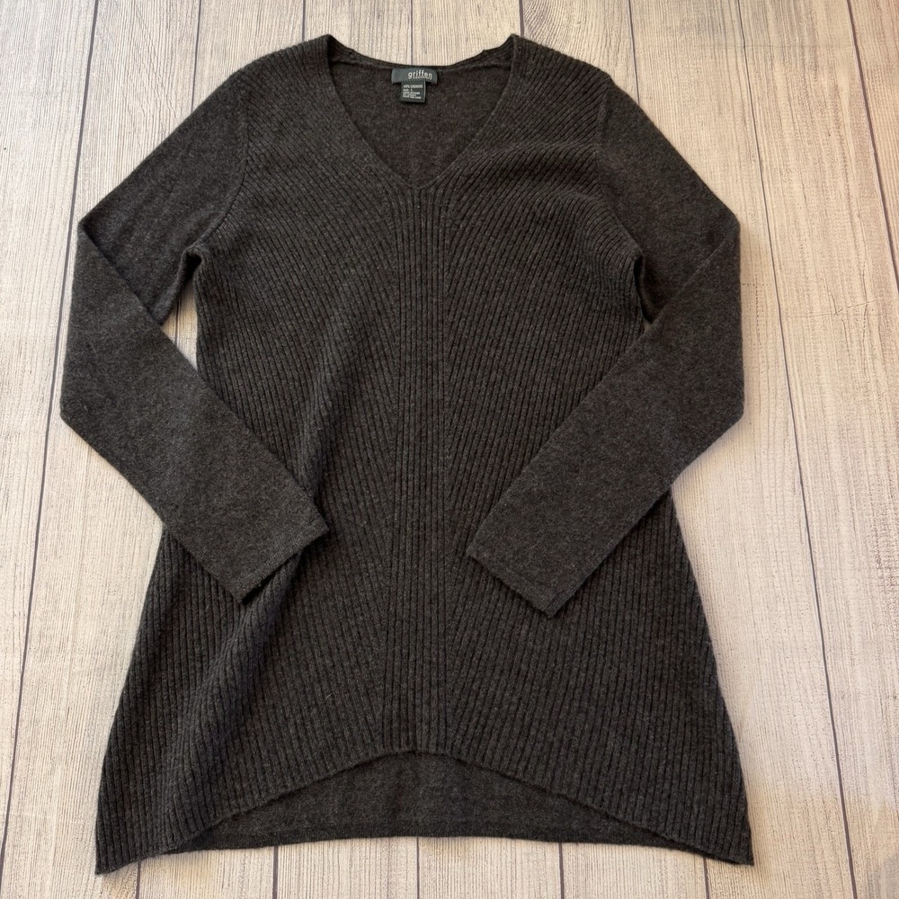 Griffen 100% Cashmere Brown Rib Knit V Neck Tunic Sweater Women's Large Soft